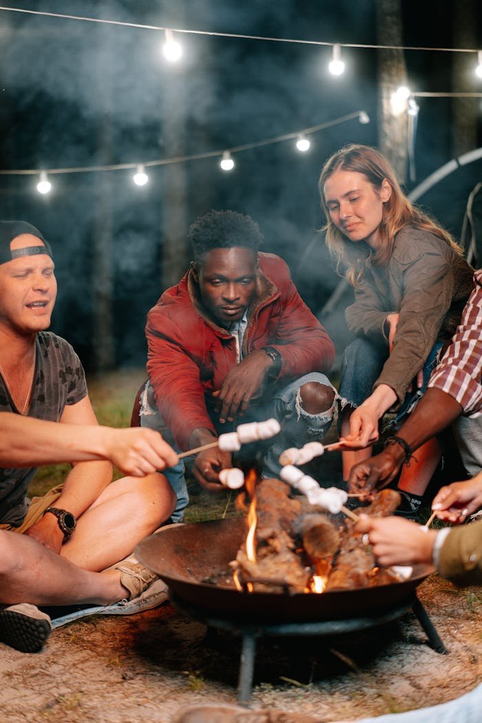 services-01 A diverse group of friends roasting marshmallows over a campfire during a fun outdoor night gathering.